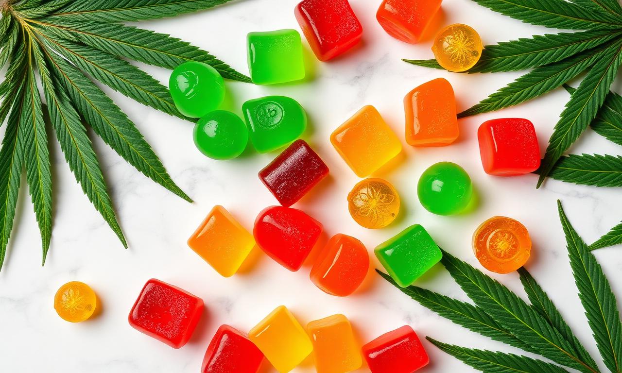 Colorful Katie Perry CBD gummies arranged with hemp leaves